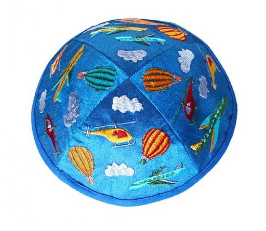 Yair Emanuel Kippah for Children – Embroidered Airplanes on Blue