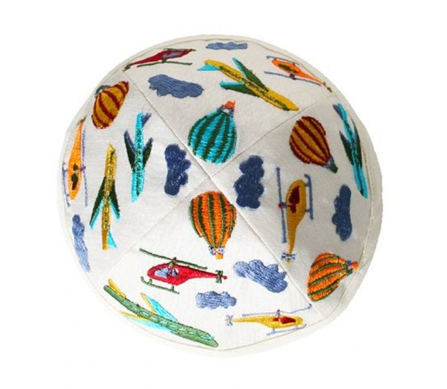 Yair Emanuel Kippah for Children – Embroidered Airplanes on White