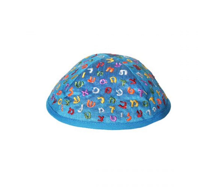 Yair Emanuel Kippah for Children – Embroidered Colored Alef Bet Letters on Blue