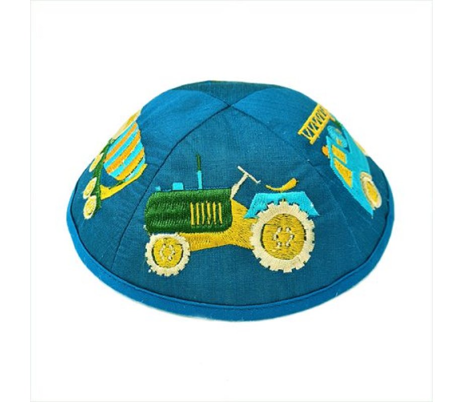 Yair Emanuel Kippah for Children – Embroidered Colored Trucks on Blue