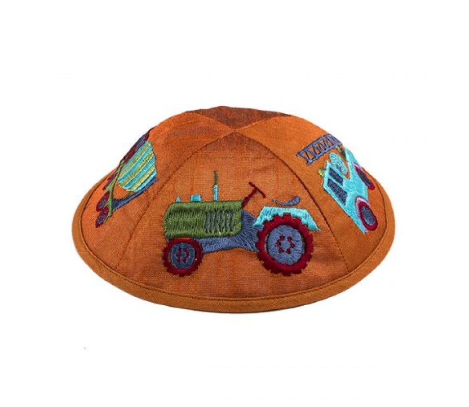 Yair Emanuel Kippah for Children – Embroidered Colored Trucks on Orange