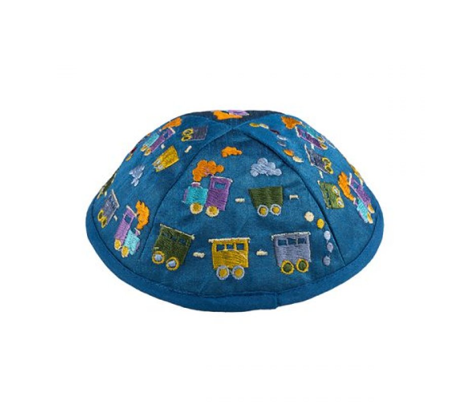 Yair Emanuel Kippah for Children – Embroidered Colorful Trains on Blue