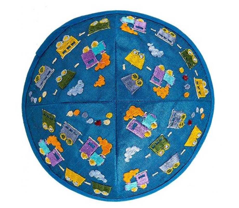 Yair Emanuel Kippah for Children – Embroidered Colorful Trains on Blue