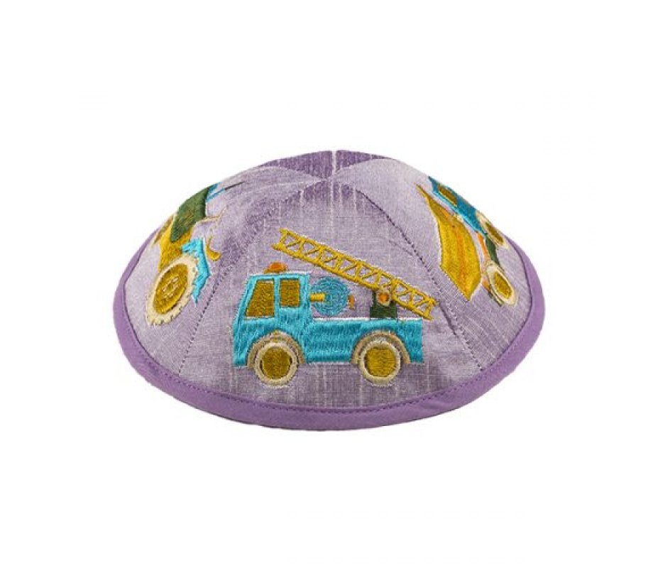 Yair Emanuel Kippah for Children – Embroidered Colorful Trucks on Lilac