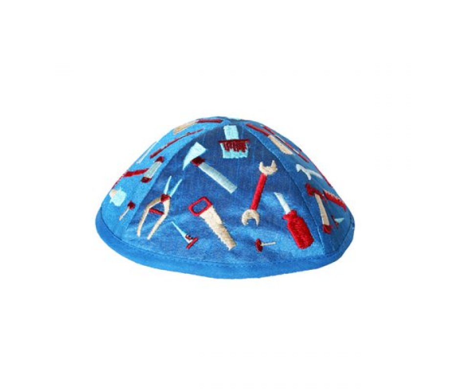 Yair Emanuel Kippah for Children – Embroidered Tools on Blue