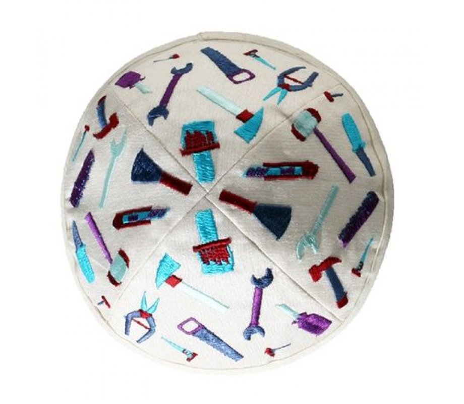 Yair Emanuel Kippah for Children – Embroidered Tools on White