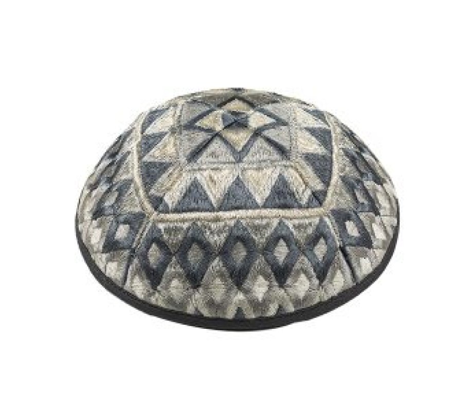 Yair Emanuel, Kippah with Silk Embroidered Geometrical Shapes – Silver