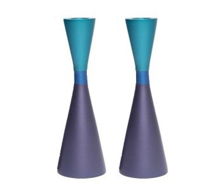 Yair Emanuel Large Cone Shaped Candlesticks with Band - Two Tone Turquoise and Purple