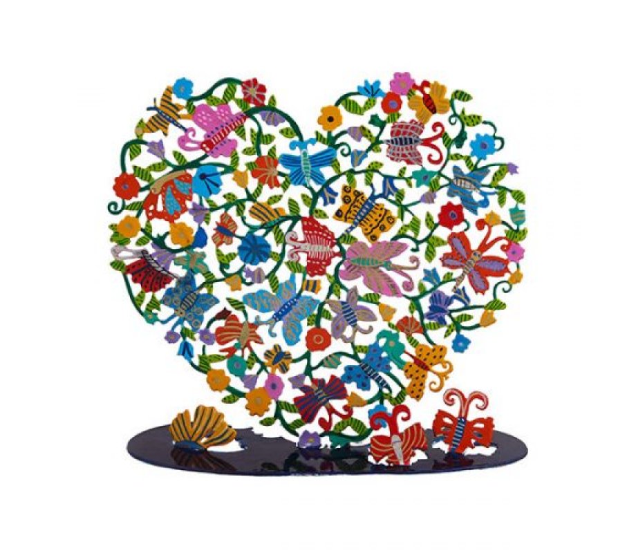 Yair Emanuel Large Hand Painted Heart on Stand - Colored Butterflies and Flowers