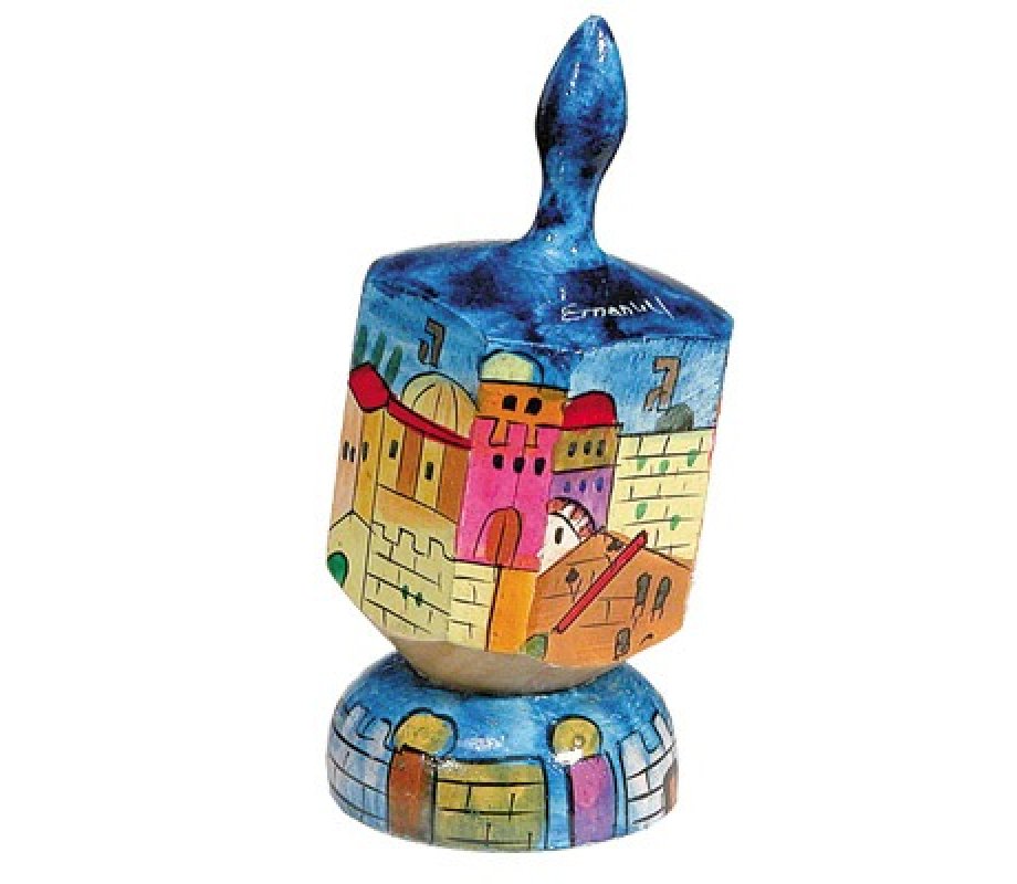 Yair Emanuel Large Hand Painted Wood Dreidel on Stand - Colorful Jerusalem