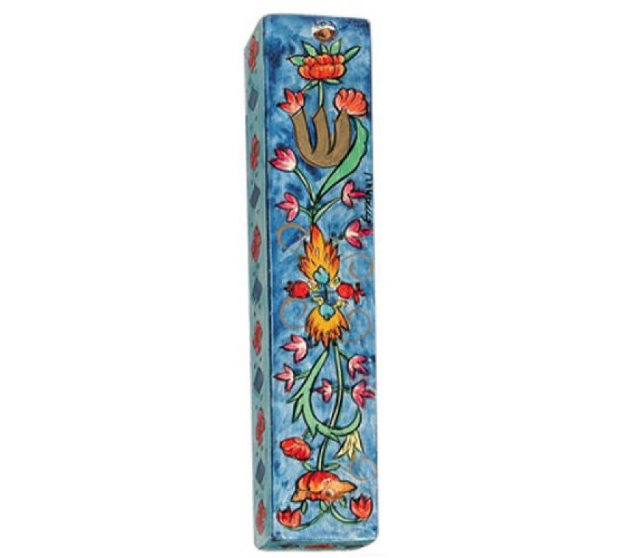 Yair Emanuel Large Hand Painted Wood Mezuzah Case - Flower Design on Blue