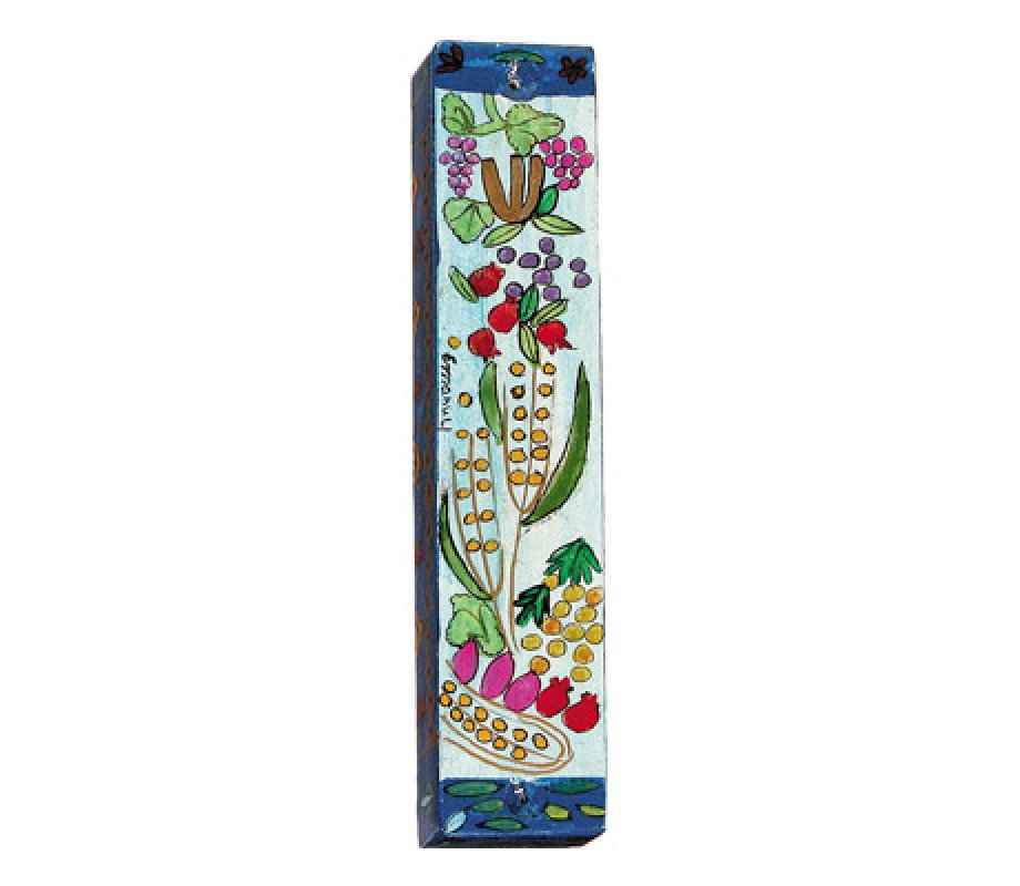 Yair Emanuel Large Hand Painted Wood Mezuzah Case - Seven Species on Blue