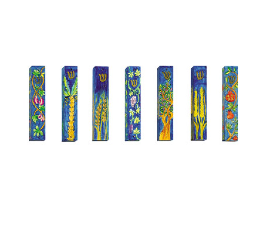 Yair Emanuel Large Hand Painted Wood Mezuzah Cases, Seven Species - Set of Seven