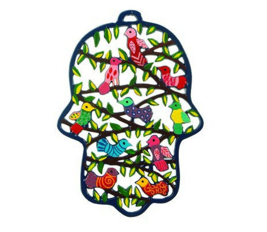 Yair Emanuel Large Laser Cut Hand-Painted Wall Hamsa - Flowers