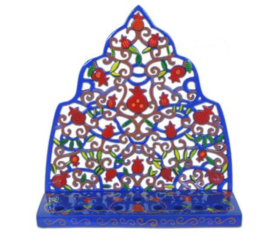 Yair Emanuel Laser Cut Hand-Painted Hanukkah Menorah - Pomegranate Display