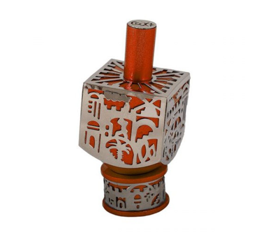 Yair Emanuel Metal Cutout Dreidel Jerusalem Design - Orange