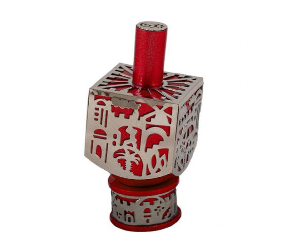 Yair Emanuel Metal Cutout Dreidel Jerusalem Design - Red