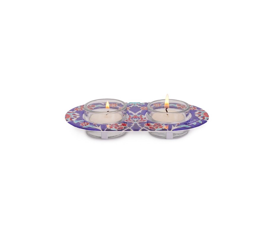 Yair Emanuel Metal and Glass Candle Holders for Tea Lights - Blue Eastern Flower Design