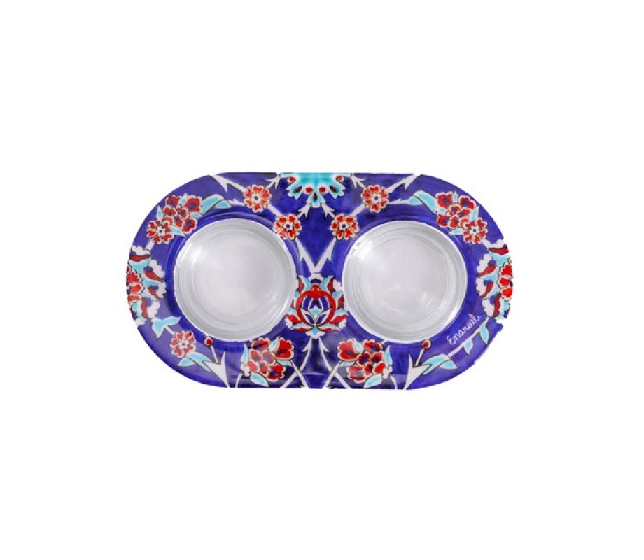 Yair Emanuel Metal and Glass Candle Holders for Tea Lights - Blue Eastern Flower Design