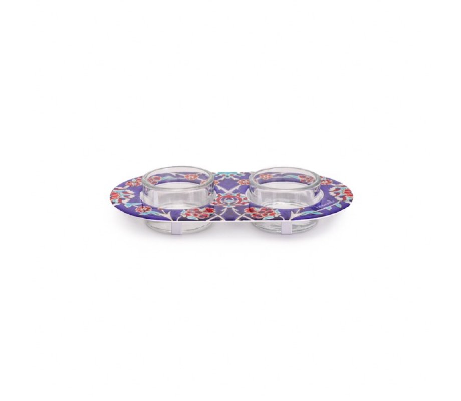 Yair Emanuel Metal and Glass Candle Holders for Tea Lights - Blue Eastern Flower Design