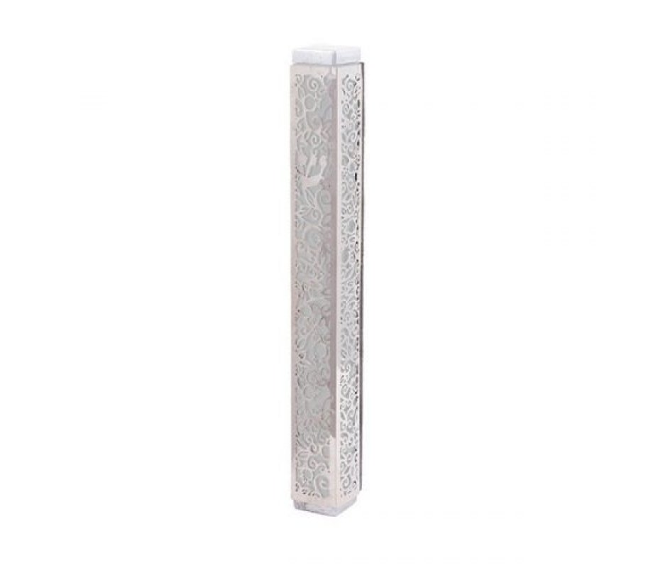 Yair Emanuel Mezuzah Case, Cutout Pomegranates and Flowers - Silver