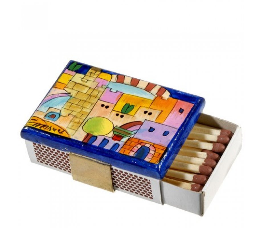 Yair Emanuel Painted Wood Matchbox Holder - Jerusalem & Tower of David