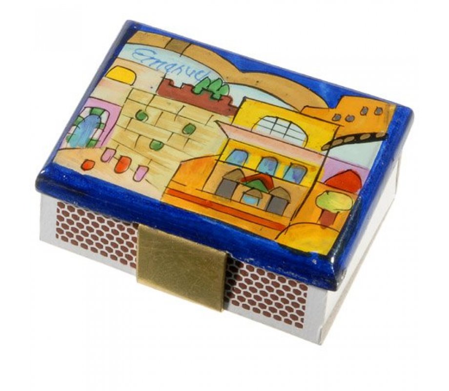 Yair Emanuel Painted Wood Matchbox Holder - Kotel and Jerusalem Scenes