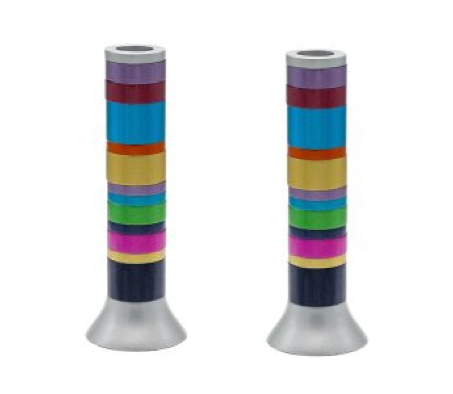 Yair Emanuel Pillar Candlesticks with Full Decorative Rings  Choice of Colors