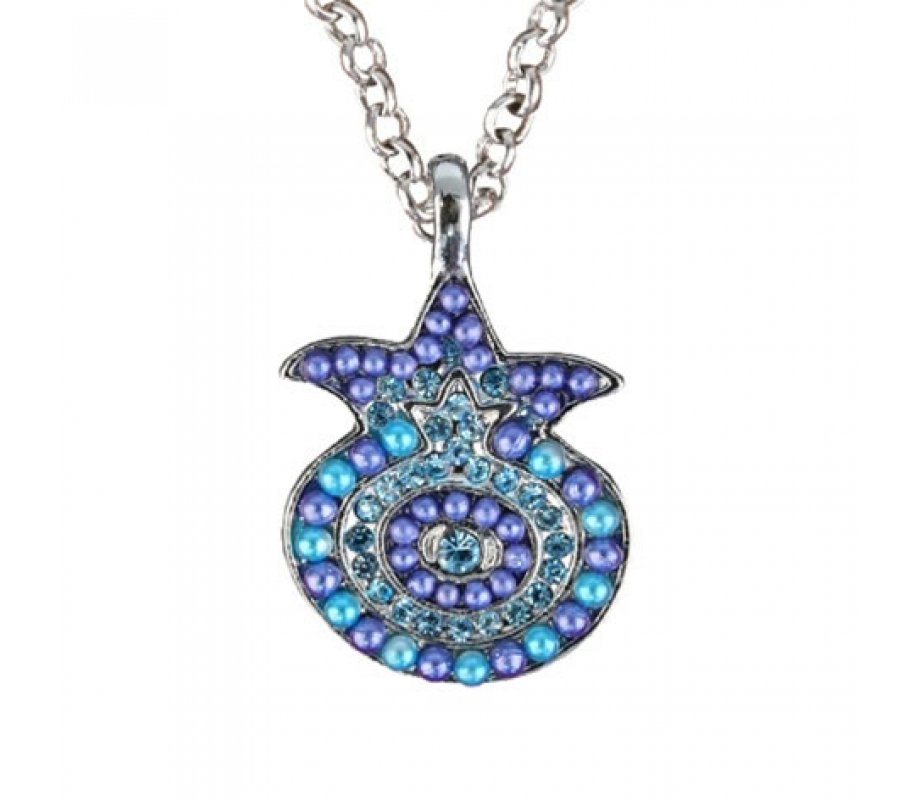 Yair Emanuel Pomegranate Pendant - Silver Plated Chain, Blue Stones