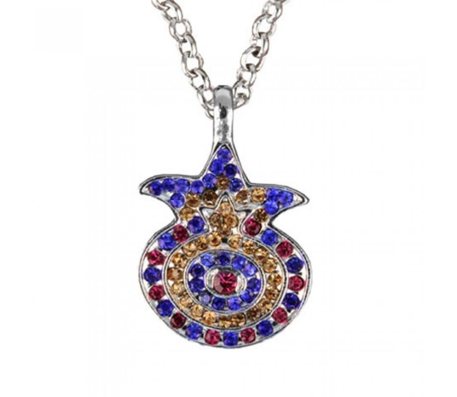 Yair Emanuel Pomegranate Pendant - Silver Plated Chain, Colored Stones