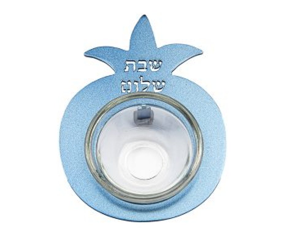 Yair Emanuel Pomegranate Salt Holder with Glass Dish, Shabbat Shalom - Blue