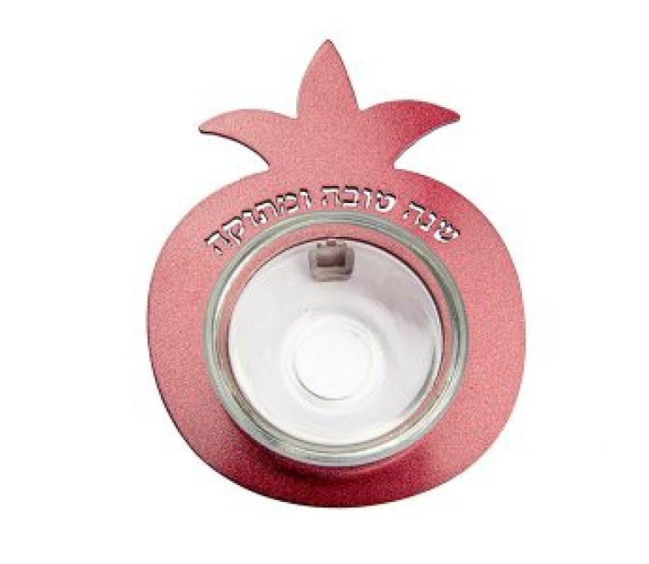 Yair Emanuel Pomegranate Small Honey Dish with Glass Bowl, Shana Tova - Maroon