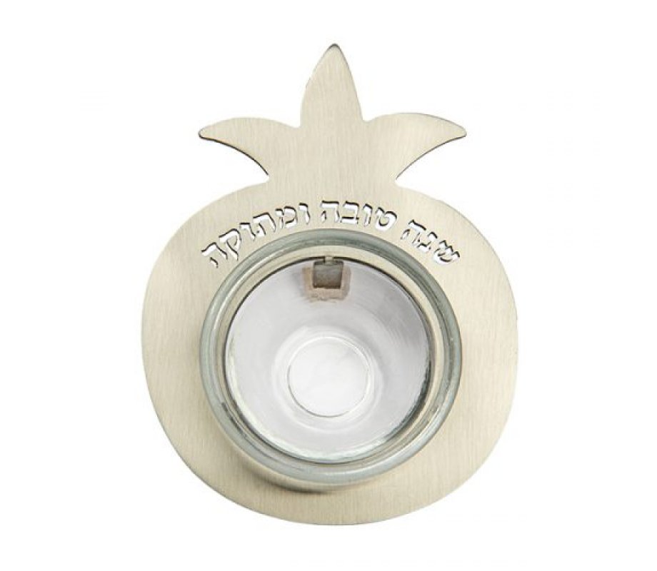 Yair Emanuel Pomegranate Small Honey Dish with Glass Bowl, Shana Tova - Silver