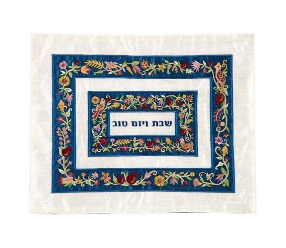 Yair Emanuel Raw Silk Embroidered Challah Cover, Floral - Blue