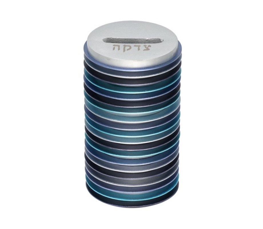 Yair Emanuel Round Charity Tzedakah Box, Stacked Discs - Shades of Blue