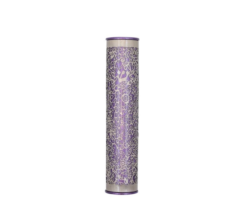 Yair Emanuel Rounded Mezuzah Case with Cutout Pomegranates – Silver on Purple