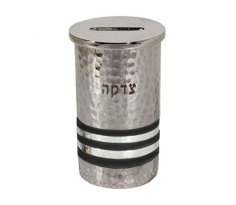 Yair Emanuel Silver Hammered Nickel Round Charity Box - Black and Silver Rings