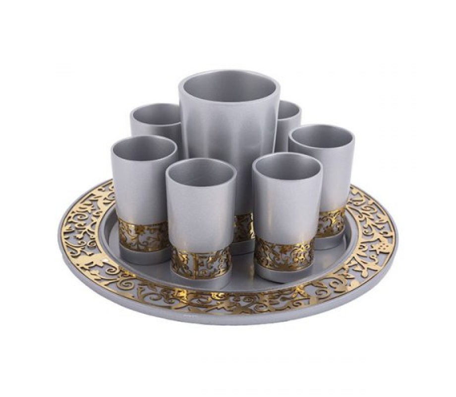 Yair Emanuel Silver Kiddush Cup, Small Cups and Tray - Gold Cutout Pomegranates