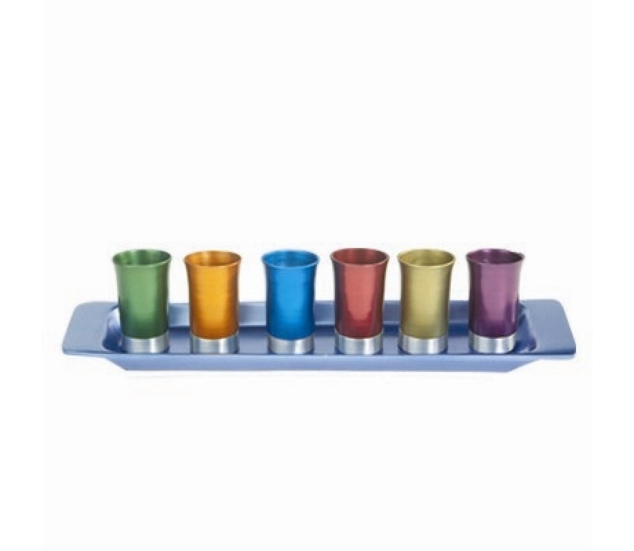 Yair Emanuel Six Anodized Aluminum Kiddush Cups and Tray – Metallic Colors