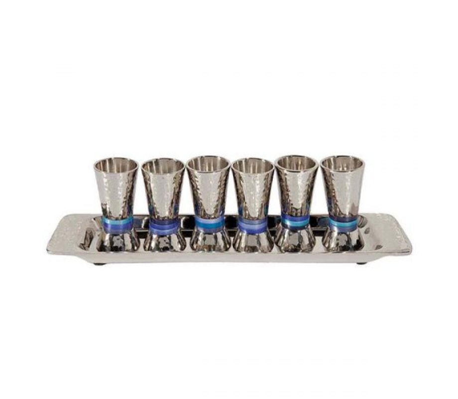 Yair Emanuel Six Hammered Aluminum Kiddush Cups and Tray - Blue Bands