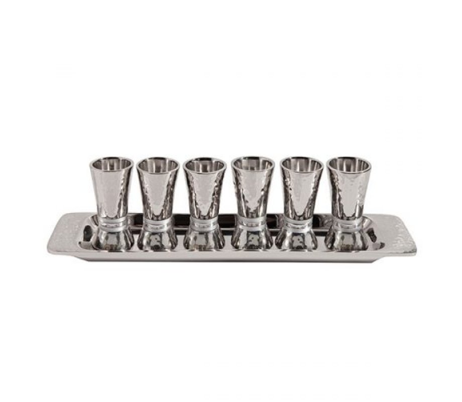 Yair Emanuel Six Hammered Aluminum Kiddush Cups and Tray - Silver Bands