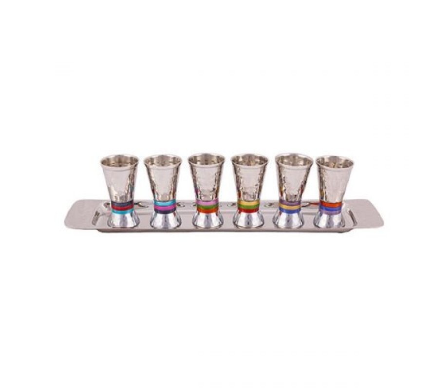 Yair Emanuel Six Hammered Aluminum Kiddush Cups with Tray - Multicolor Bands