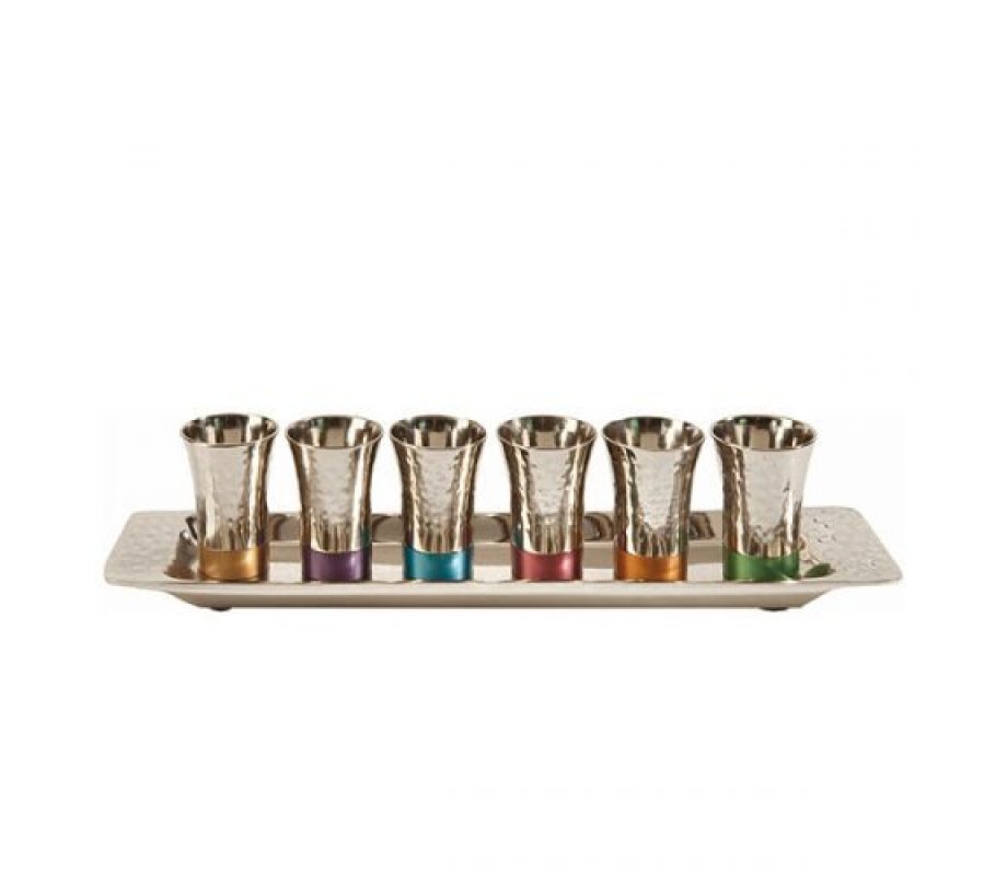 Yair Emanuel Six Hammered Nickel Kiddush Cups and Tray - Multicolor