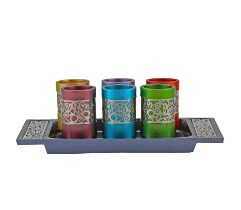 Yair Emanuel Six Pomegranate Decorated Kiddush Cups on Tray � Multicolor & Silver