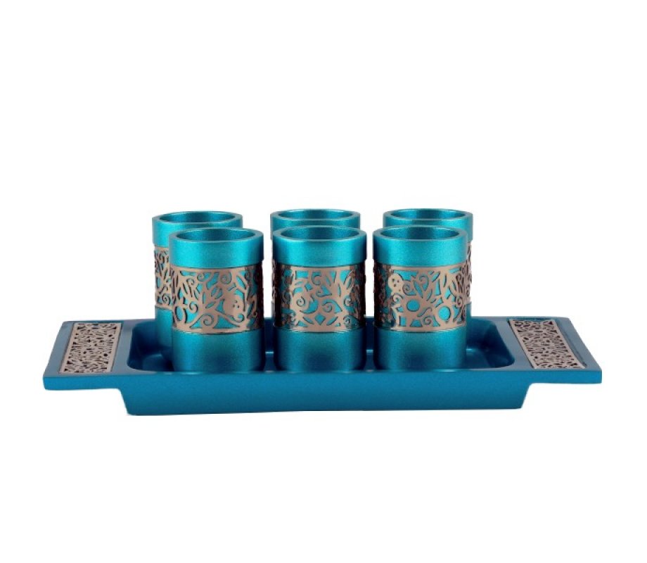 Yair Emanuel Six Pomegranate Decorated Kiddush Cups on Tray - Turquoise & Sivler