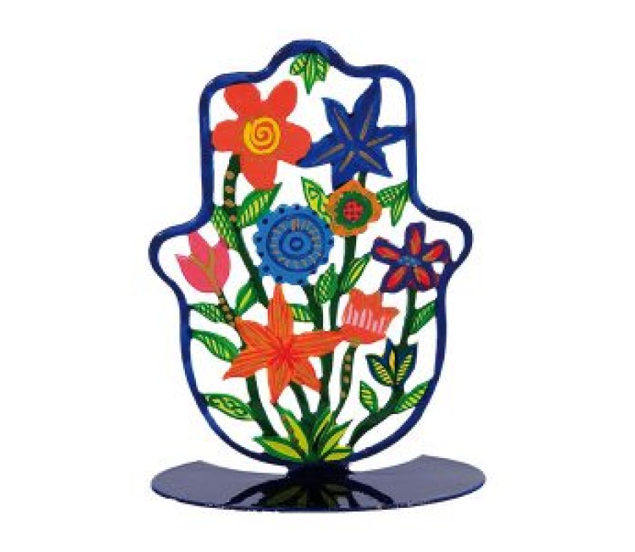 Yair Emanuel Small Hand Painted Hamsa on Stand – Colorful Flowers