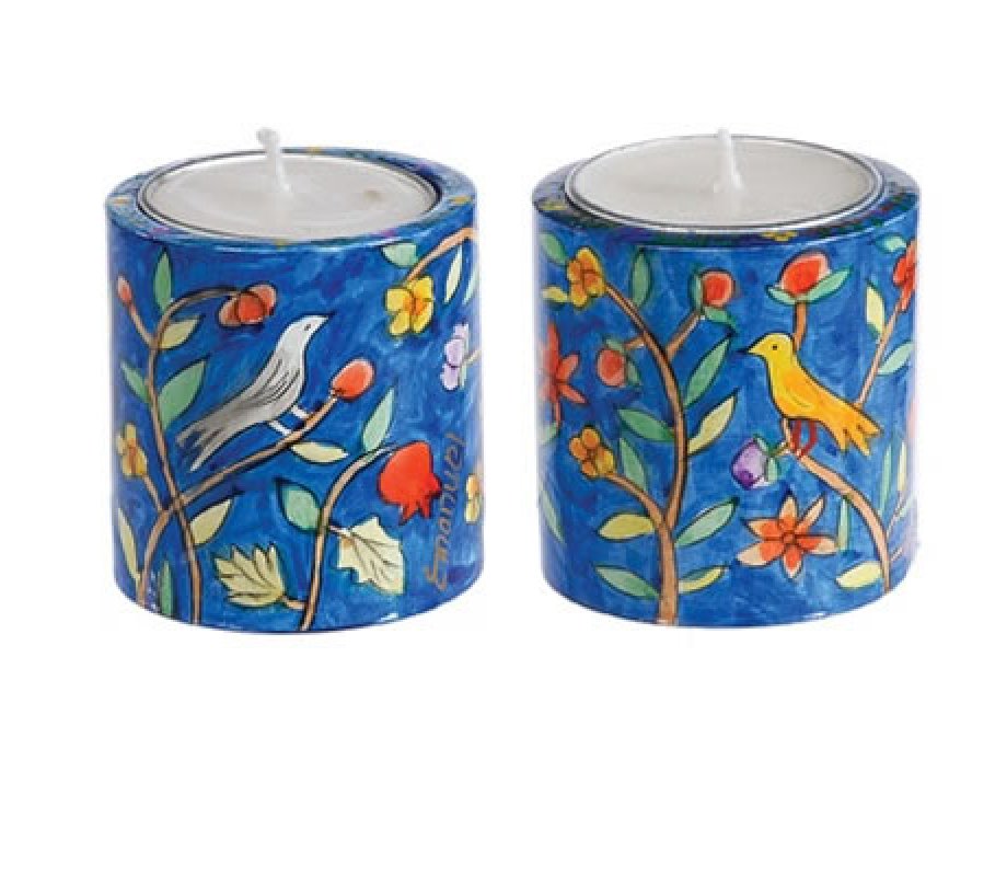 Yair Emanuel Small Hand Painted Wood Candlesticks - Birds and Pomegranates