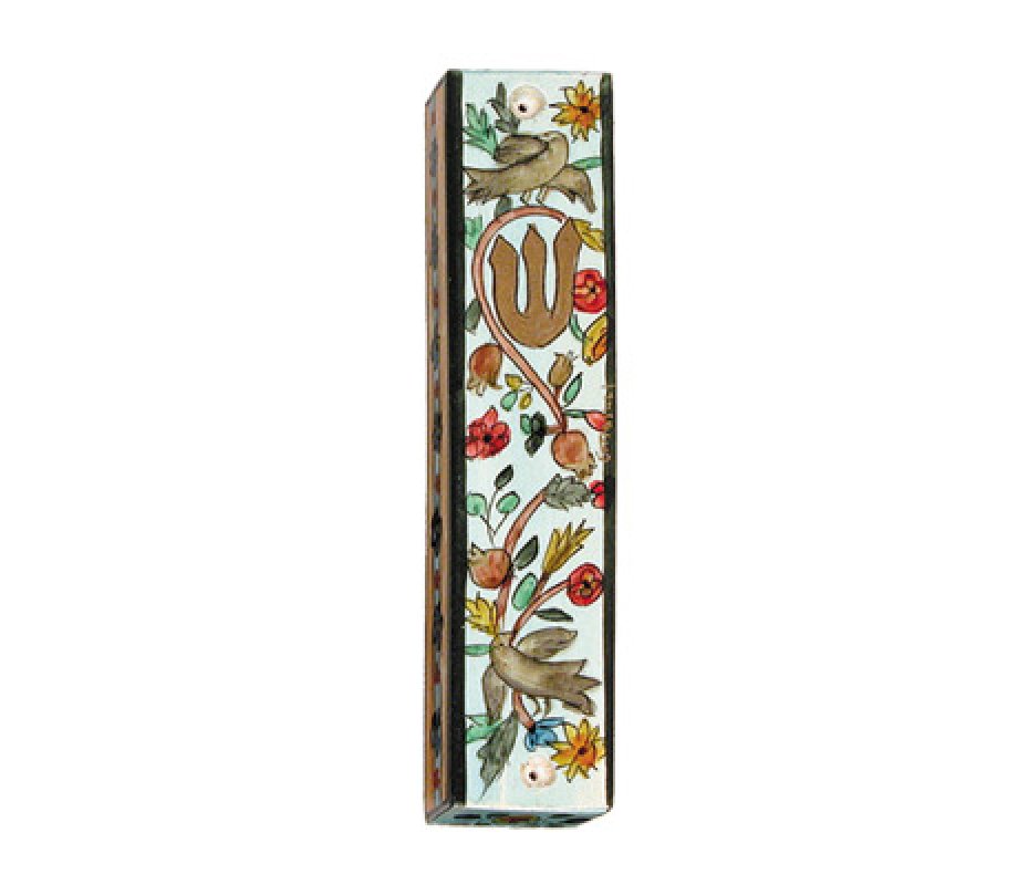 Yair Emanuel Small Hand Painted Wood Mezuzah Case - Birds and Pomegranates