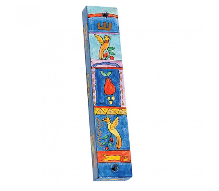 Yair Emanuel Small Hand Painted Wood Mezuzah Case - Birds and Pomegranates