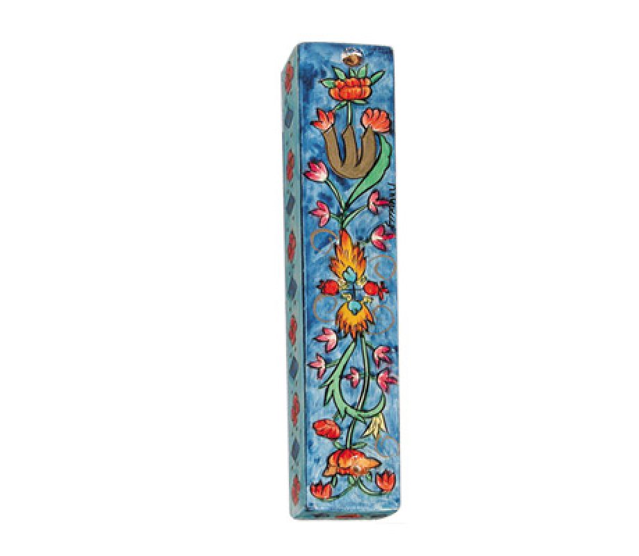 Yair Emanuel Small Hand Painted Wood Mezuzah Case - Floral Design
